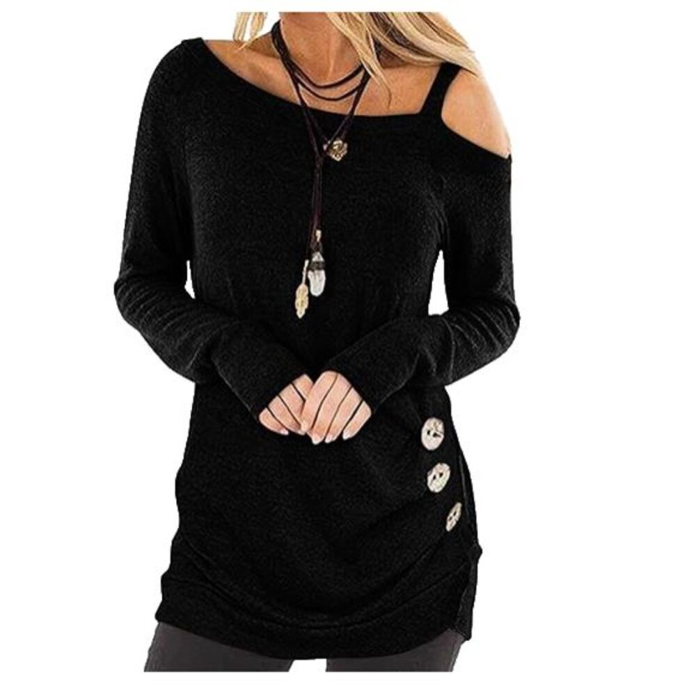 NEW TEMOFON Women's Cold Shoulder Long Sleep Top, Black S